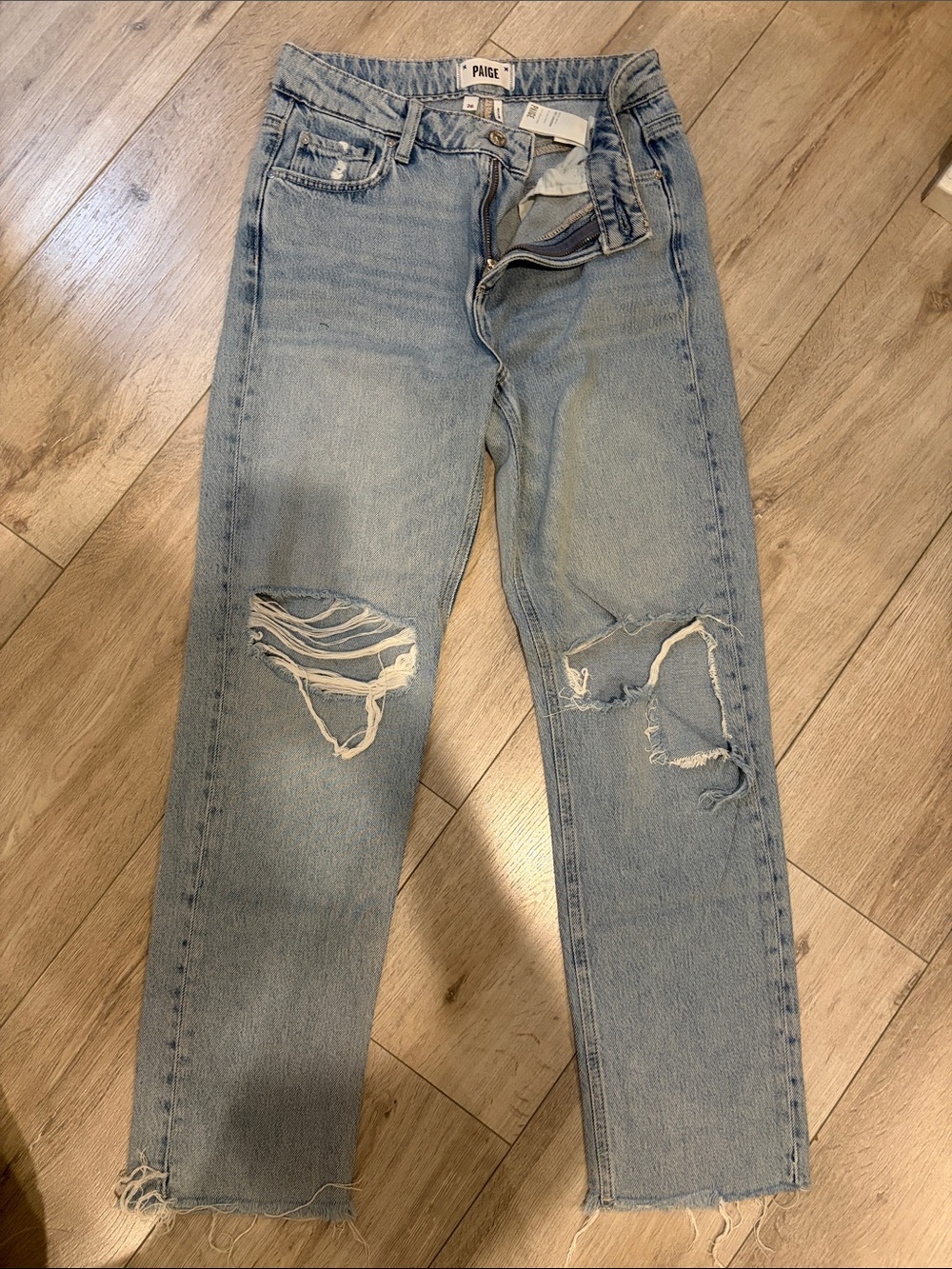 PAIGE Light Wash Distressed Straight Jeans